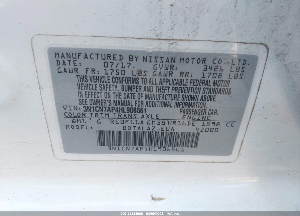 2017 NISSAN VERSA 1.6 S+ VIN: 3N1CN7AP4HL906561