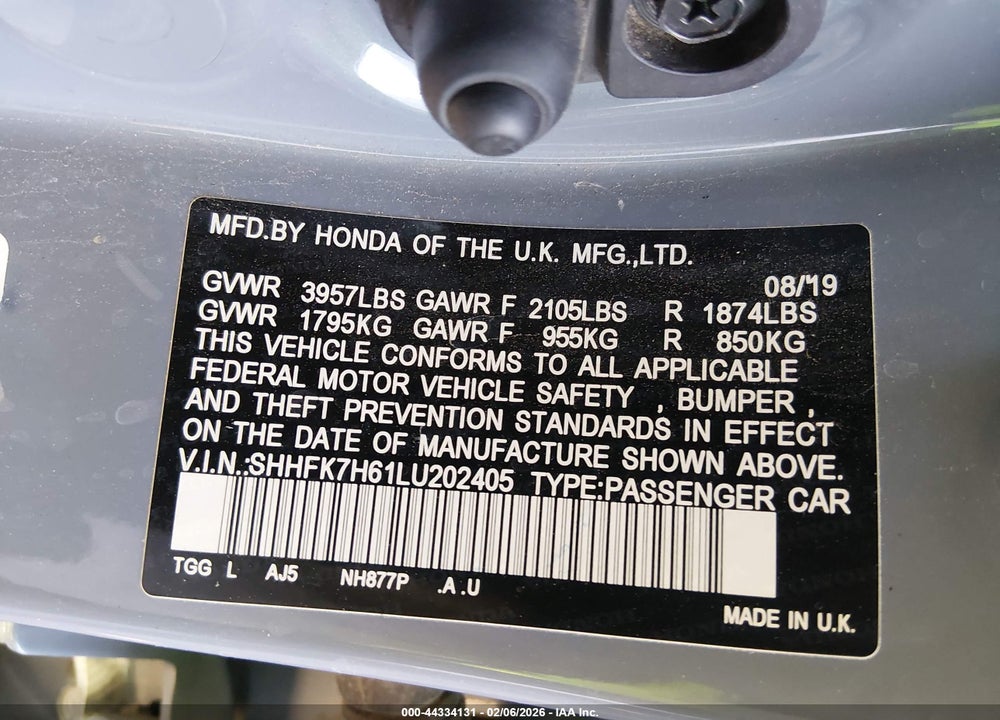2020 HONDA CIVIC EX VIN: SHHFK7H61LU202405