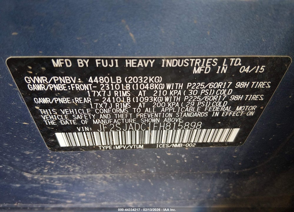 2015 SUBARU FORESTER 2.5I PREMIUM VIN: JF2SJADC1FH815898