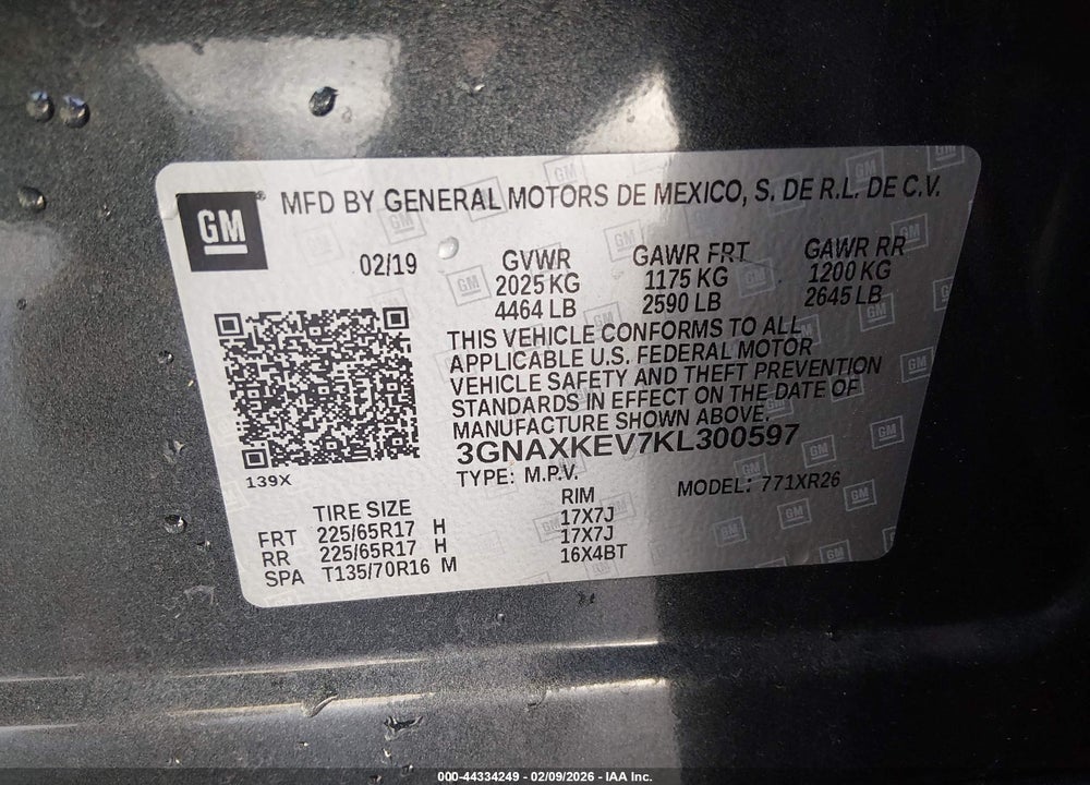 2019 CHEVROLET EQUINOX LT VIN: 3GNAXKEV7KL300597