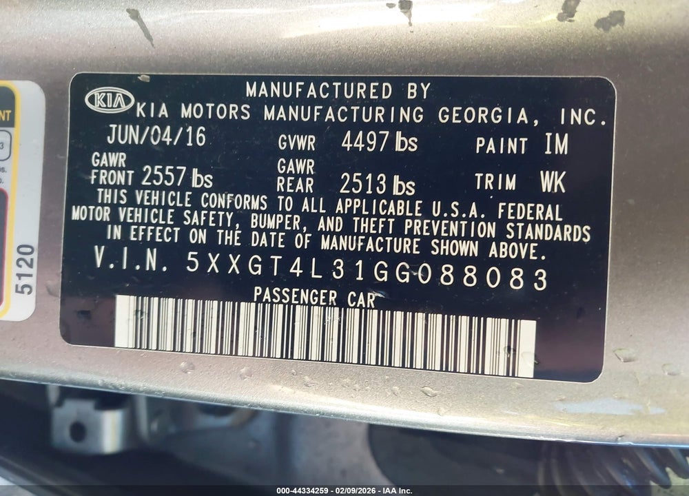 2016 KIA OPTIMA LX VIN: 5XXGT4L31GG088083