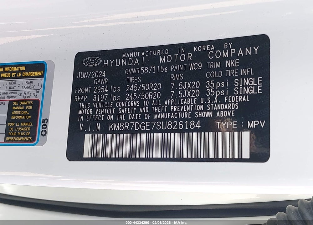 2025 HYUNDAI PALISADE CALLIGRAPHY NIGHT EDITION VIN: KM8R7DGE7SU826184