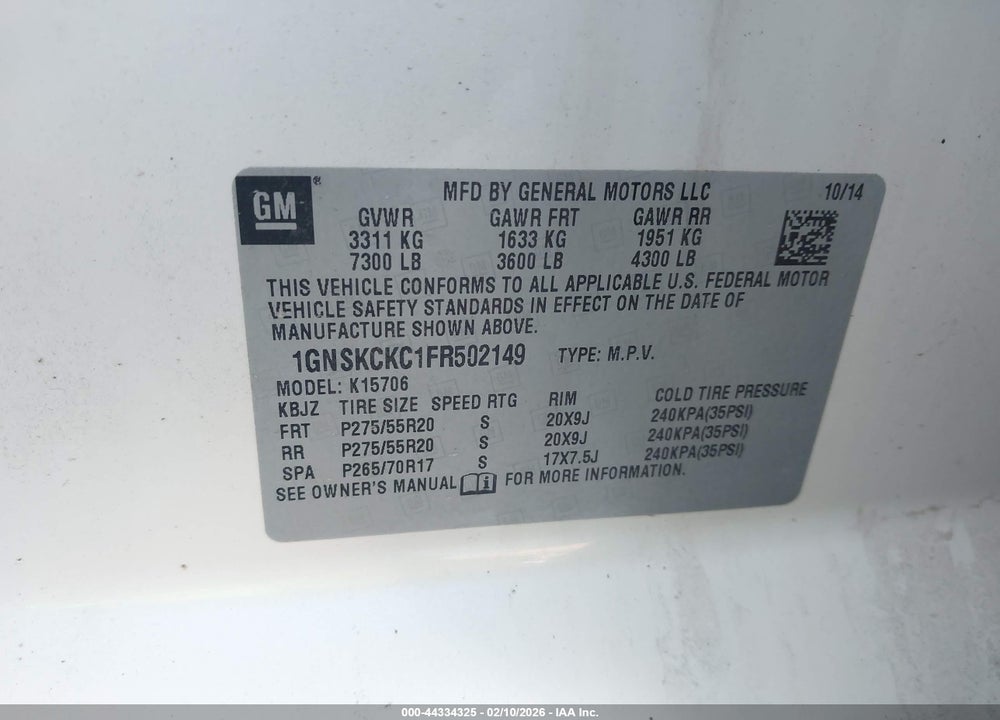 2015 CHEVROLET TAHOE LTZ VIN: 1GNSKCKC1FR502149