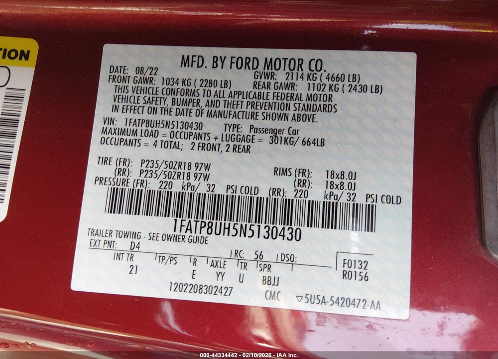 2022 FORD MUSTANG ECOBOOST VIN: 1FATP8UH5N5130430