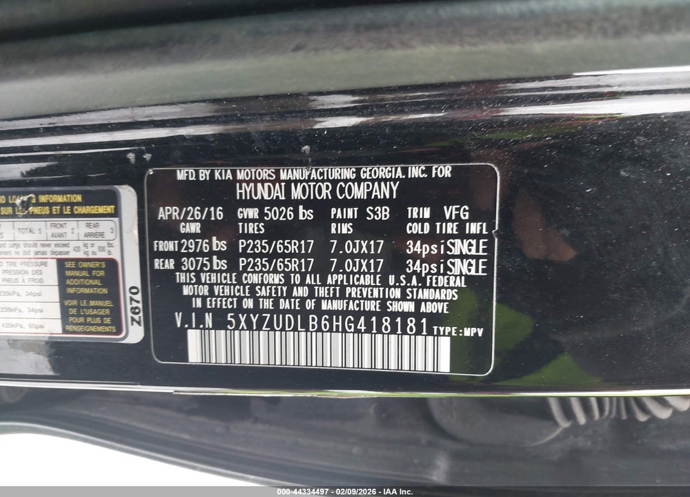 2017 HYUNDAI SANTA FE SPORT 2.4L VIN: 5XYZUDLB6HG418181