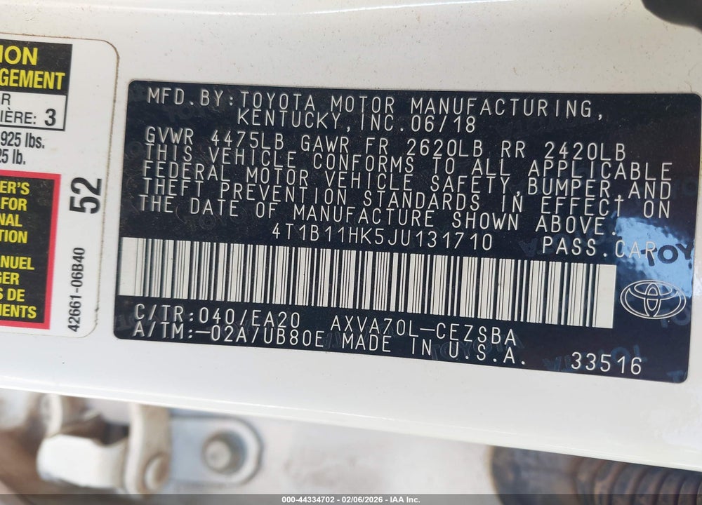 2018 TOYOTA CAMRY SE VIN: 4T1B11HK5JU131710