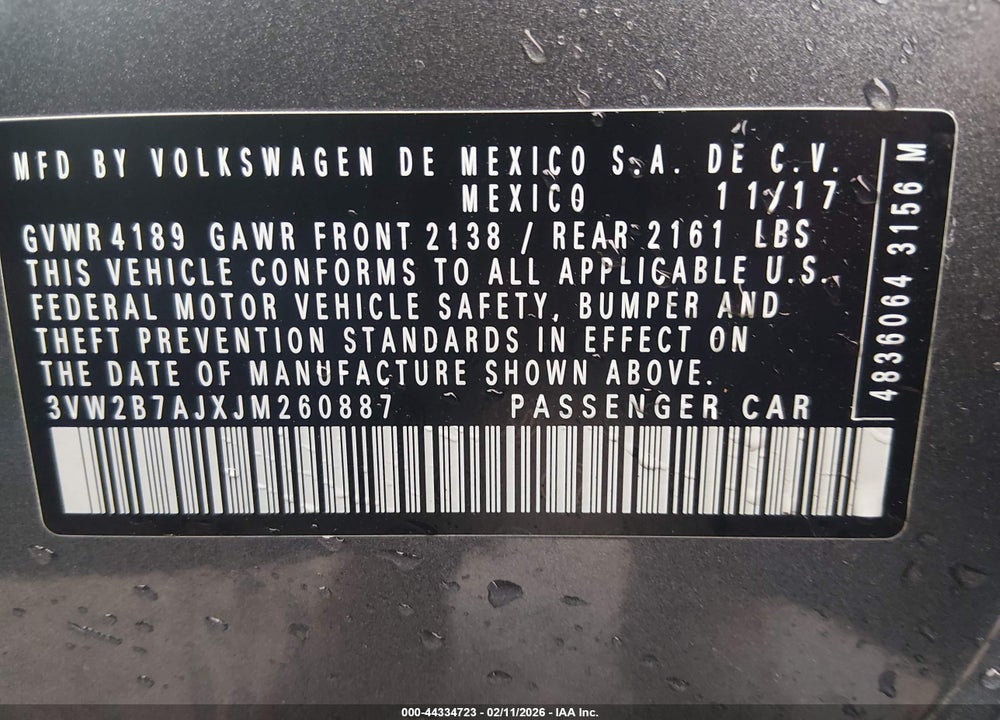 2018 VOLKSWAGEN JETTA 1.4T S VIN: 3VW2B7AJXJM260887