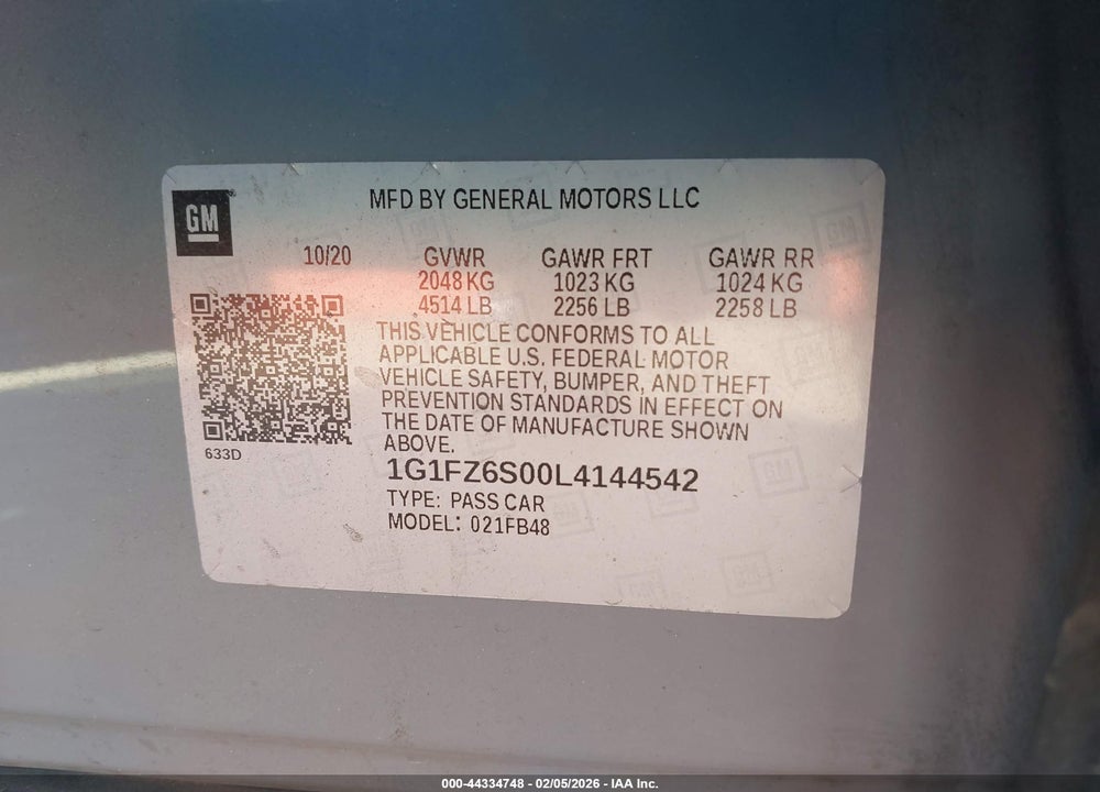2020 CHEVROLET BOLT EV FWD PREMIER VIN: 1G1FZ6S00L4144542