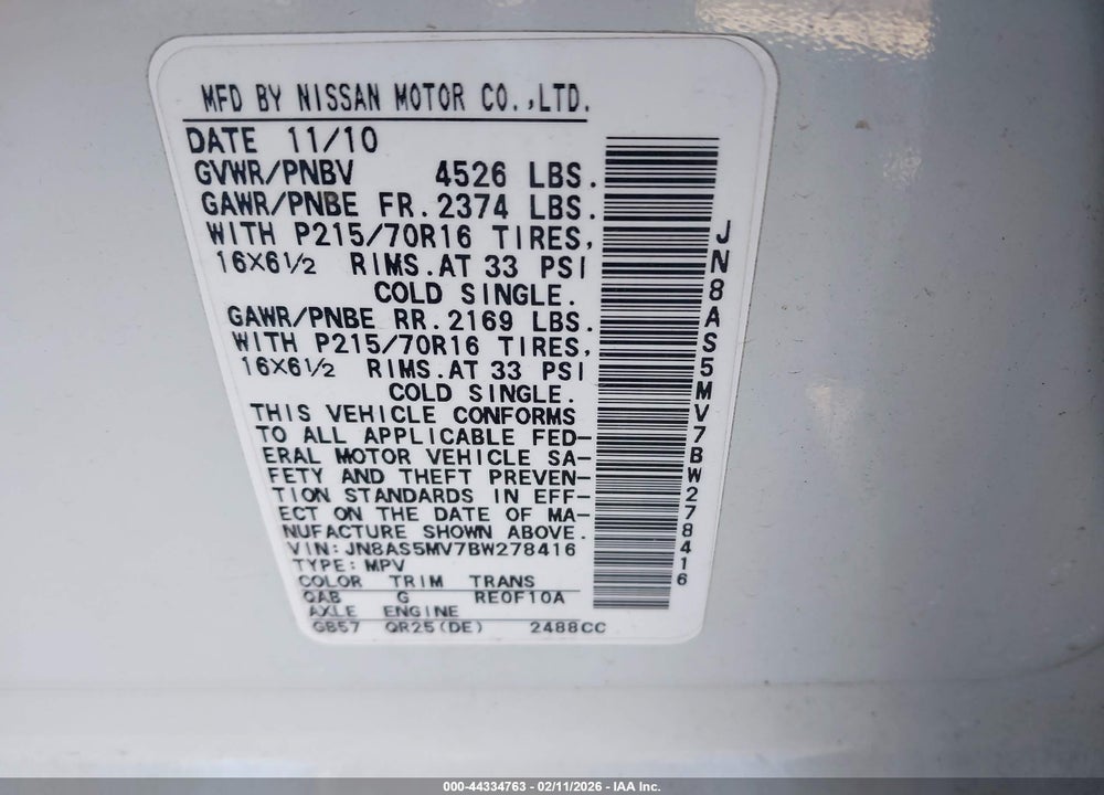 2011 NISSAN ROGUE S VIN: JN8AS5MV7BW278416