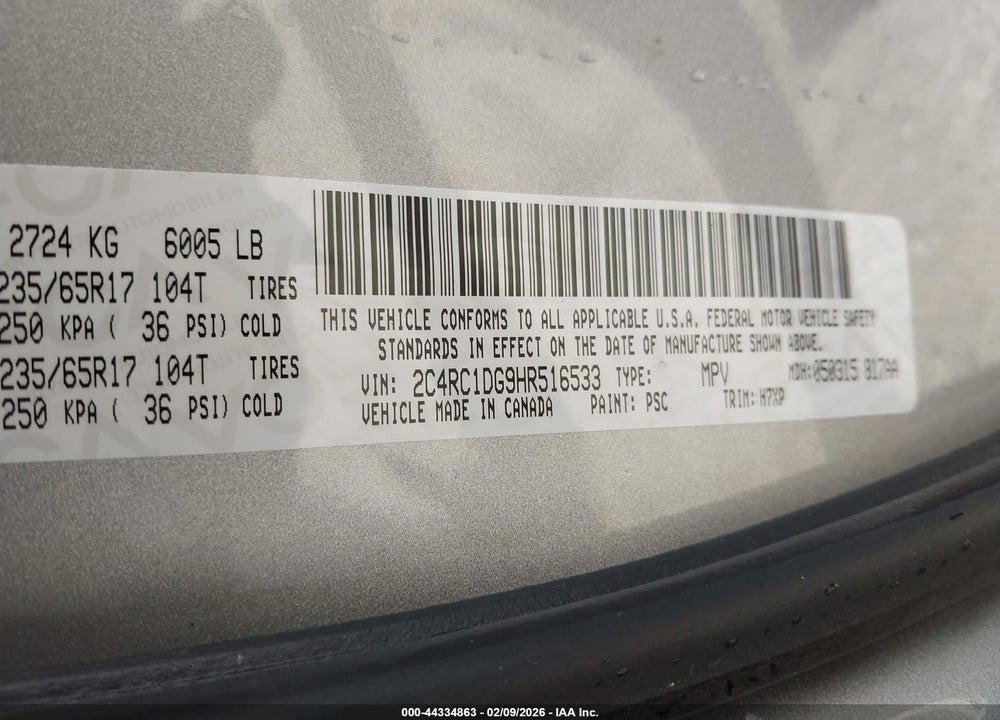 2017 CHRYSLER PACIFICA TOURING VIN: 2C4RC1DG9HR516533