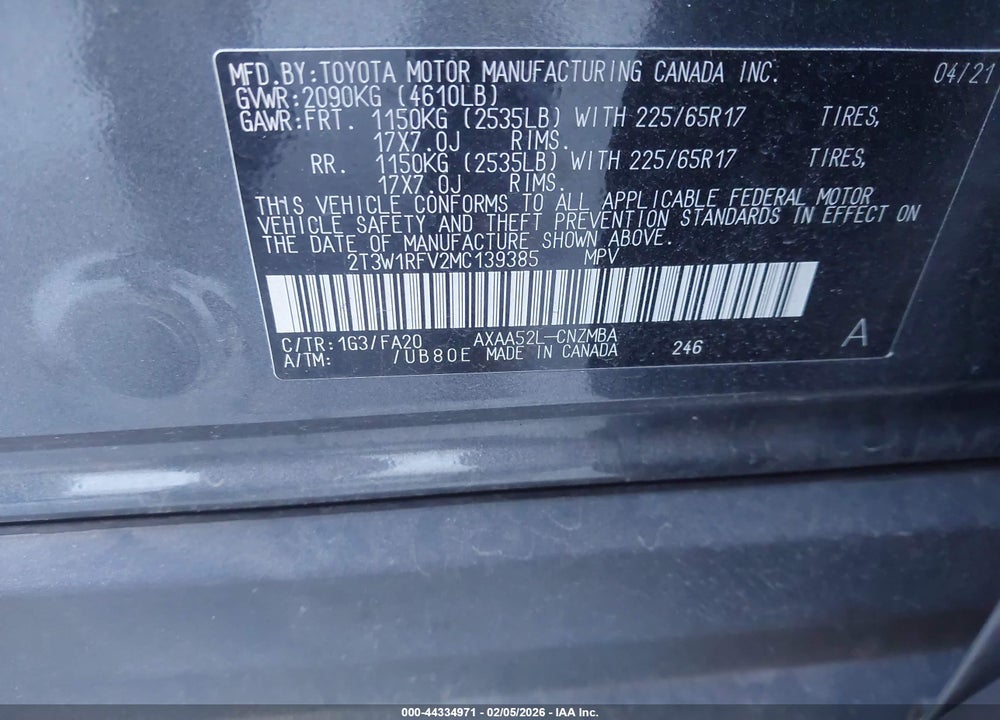 2021 TOYOTA RAV4 XLE VIN: 2T3W1RFV2MC139385