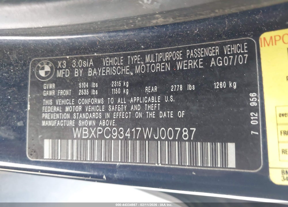 2007 BMW X3 3.0SI VIN: WBXPC93417WJ00787