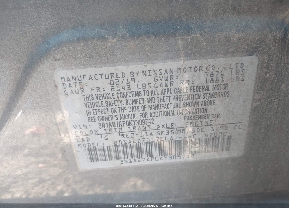 2019 NISSAN SENTRA SV VIN: 3N1AB7AP0KY309742
