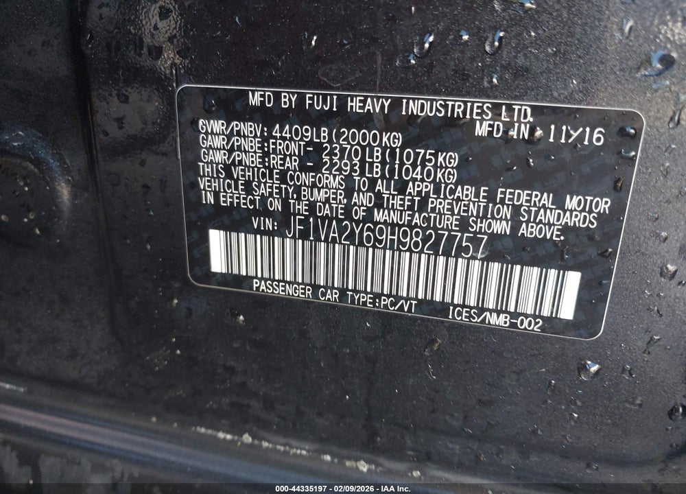 2017 SUBARU WRX STI LIMITED VIN: JF1VA2Y69H9827757