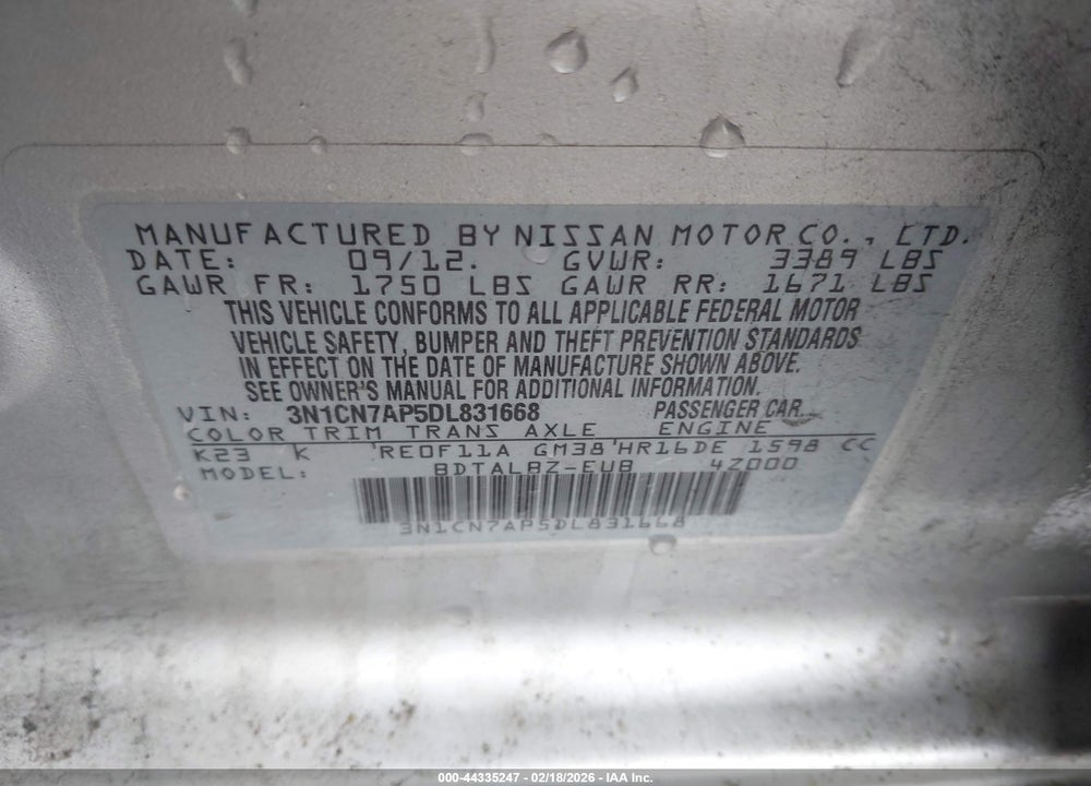 2013 NISSAN VERSA 1.6 SV VIN: 3N1CN7AP5DL831668