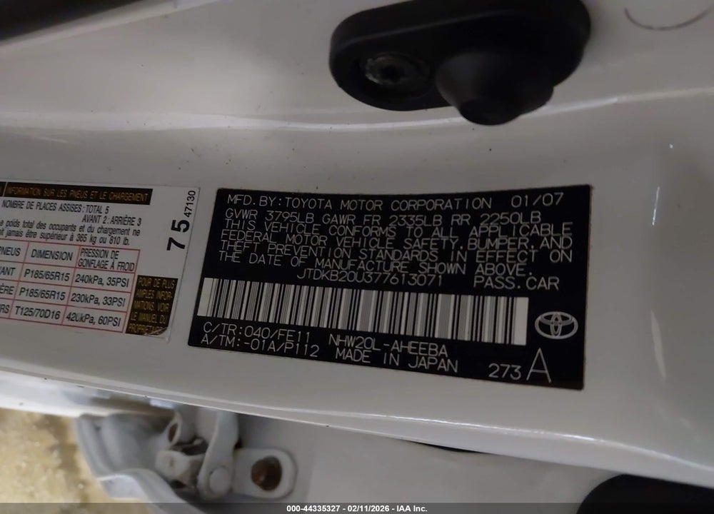 2007 TOYOTA PRIUS VIN: JTDKB20U377613071