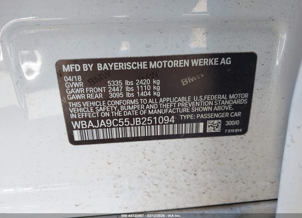 2018 BMW 530E IPERFORMANCE VIN: WBAJA9C55JB251094