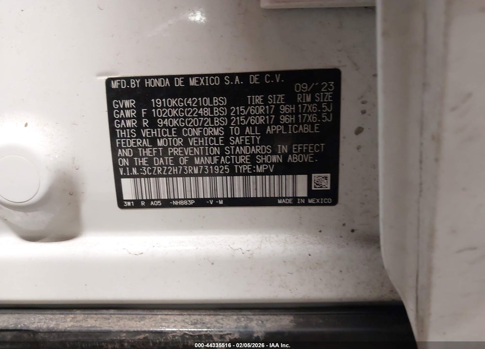 2024 HONDA HR-V AWD EX-L/AWD EX-L W/O BSI VIN: 3CZRZ2H73RM731925