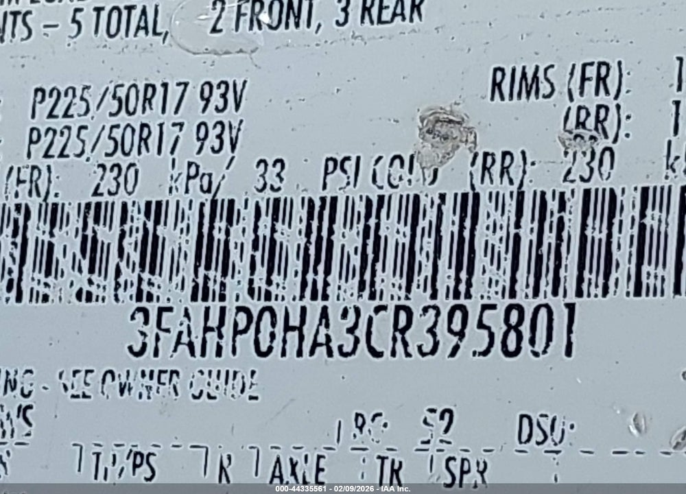 2012 FORD FUSION SE VIN: 3FAHP0HA3CR395801