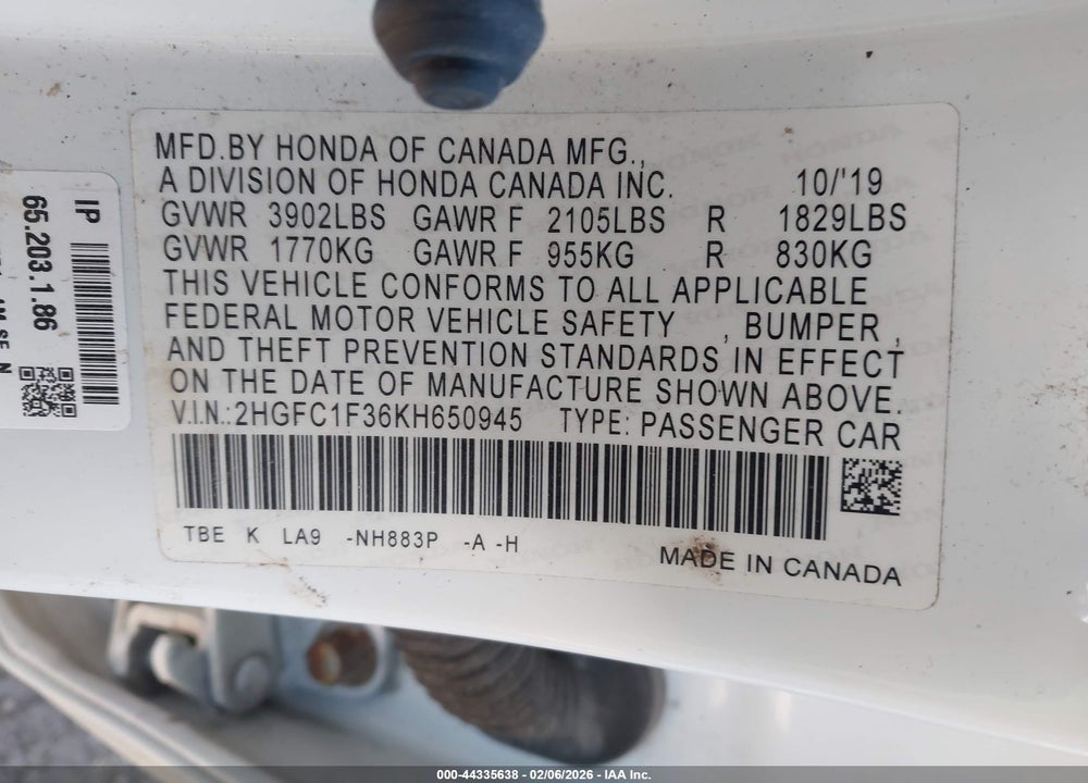 2019 HONDA CIVIC EX VIN: 2HGFC1F36KH650945