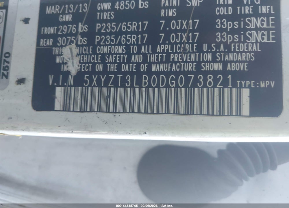 2013 HYUNDAI SANTA FE SPORT VIN: 5XYZT3LB0DG073821