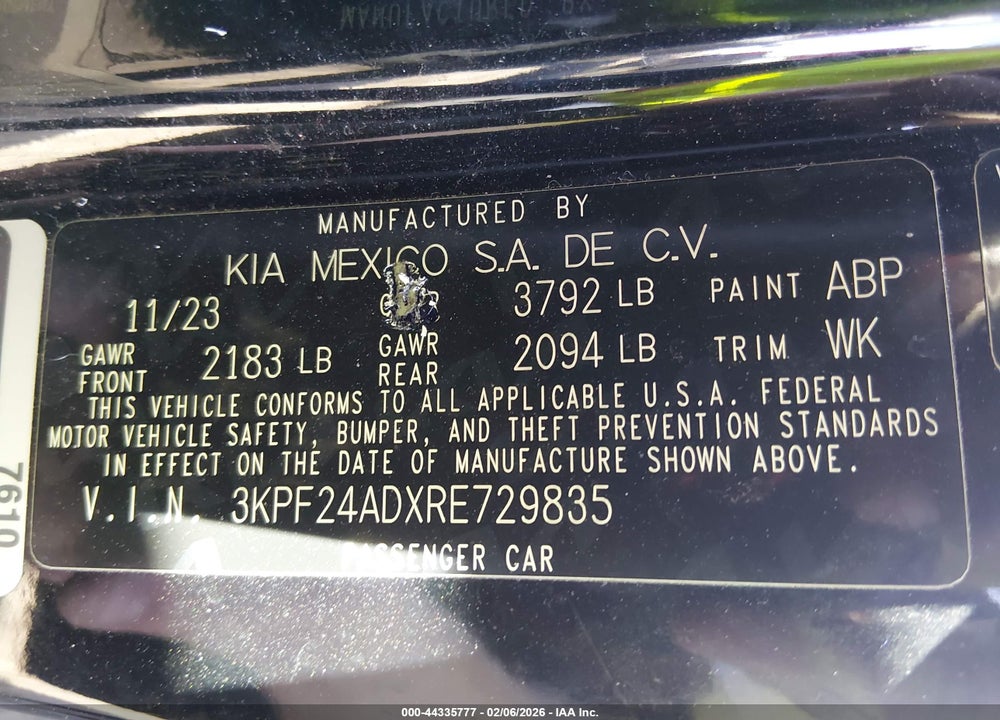 2024 KIA FORTE LXS VIN: 3KPF24ADXRE729835