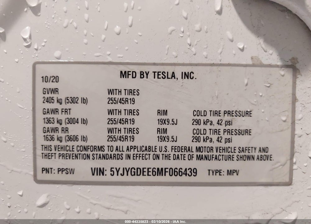 2021 TESLA MODEL Y VIN: 5YJYGDEE6MF066439