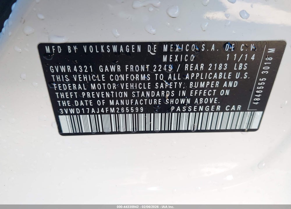2015 VOLKSWAGEN JETTA 1.8T SE VIN: 3VWD17AJ4FM265599