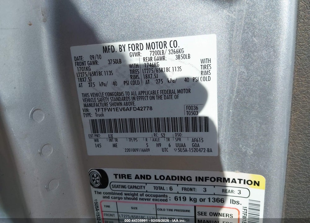 2010 FORD F-150 FX4/HARLEY-DAVIDSON/KING RANCH/LARIAT/PLATINUM/XL/XLT VIN: 1FTFW1EV6AFD42778