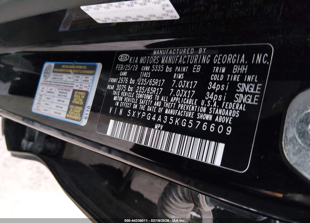 2019 KIA SORENTO 2.4L LX VIN: 5XYPG4A35KG576609