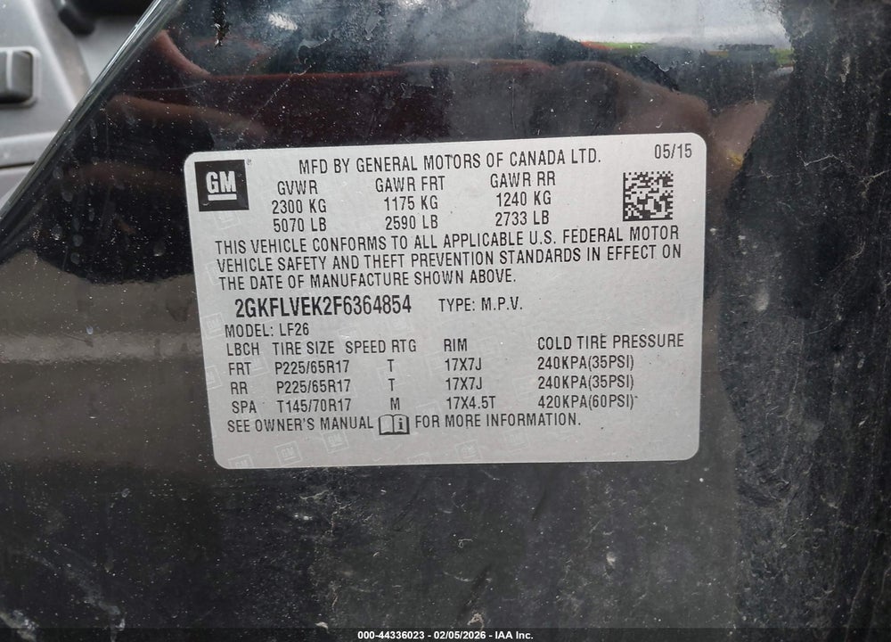 2015 GMC TERRAIN SLE-1 VIN: 2GKFLVEK2F6364854