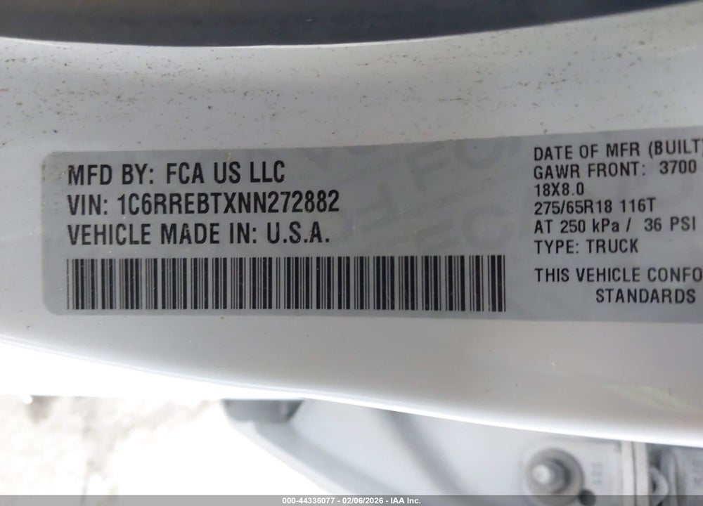 2022 RAM 1500 BIG HORN  4X2 6'4 BOX VIN: 1C6RREBTXNN272882