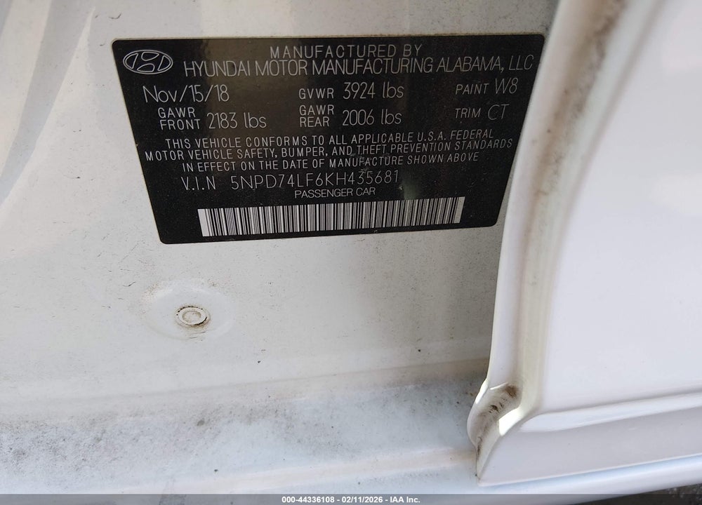 2019 HYUNDAI ELANTRA SE VIN: 5NPD74LF6KH435681
