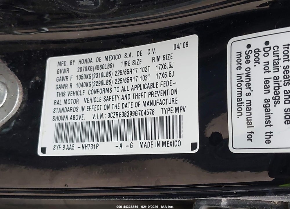 2009 HONDA CR-V LX VIN: 3CZRE38399G704578