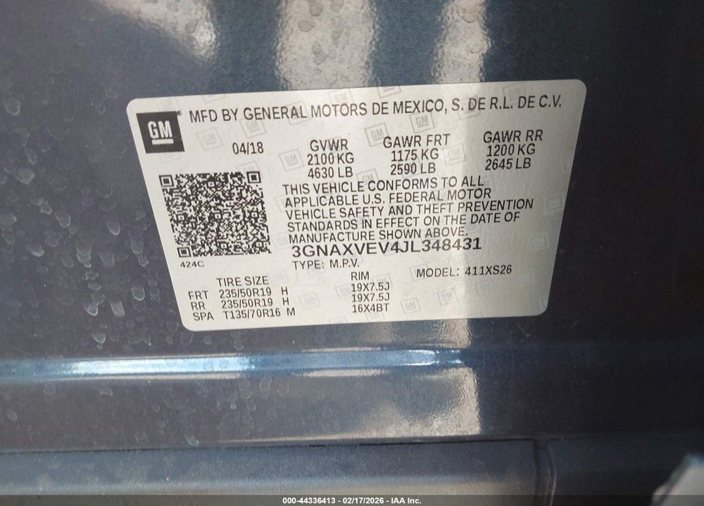 2018 CHEVROLET EQUINOX PREMIER VIN: 3GNAXVEV4JL348431