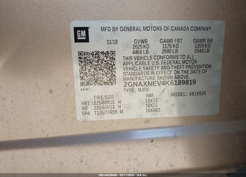 2019 CHEVROLET EQUINOX PREMIER VIN: 2GNAXNEV4K6189819