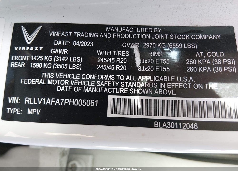 2023 VINFAST VF 8 PLUS VIN: RLLV1AFA7PH005061