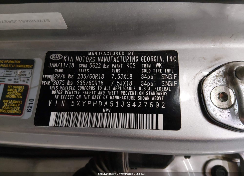 2018 KIA SORENTO 3.3L EX VIN: 5XYPHDA51JG427692