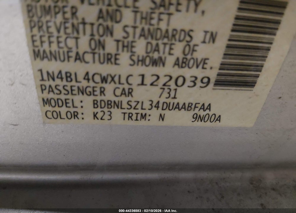 2020 NISSAN ALTIMA SR INTELLIGENT AWD VIN: 1N4BL4CWXLC122039