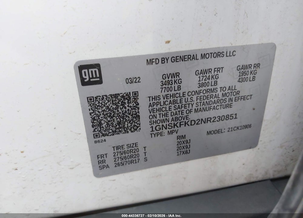 2022 CHEVROLET SUBURBAN 4WD PREMIER VIN: 1GNSKFKD2NR230851