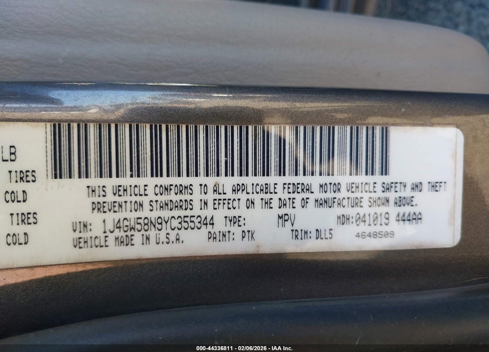 2000 JEEP GRAND CHEROKEE LIMITED VIN: 1J4GW58N9YC355344