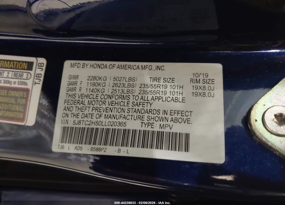 2020 ACURA RDX TECHNOLOGY PACKAGE VIN: 5J8TC2H50LL020365