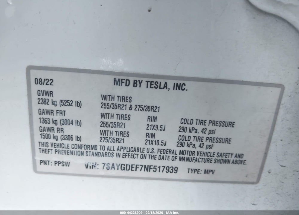 2022 TESLA MODEL Y PERFORMANCE DUAL MOTOR ALL-WHEEL DRIVE VIN: 7SAYGDEF7NF517939