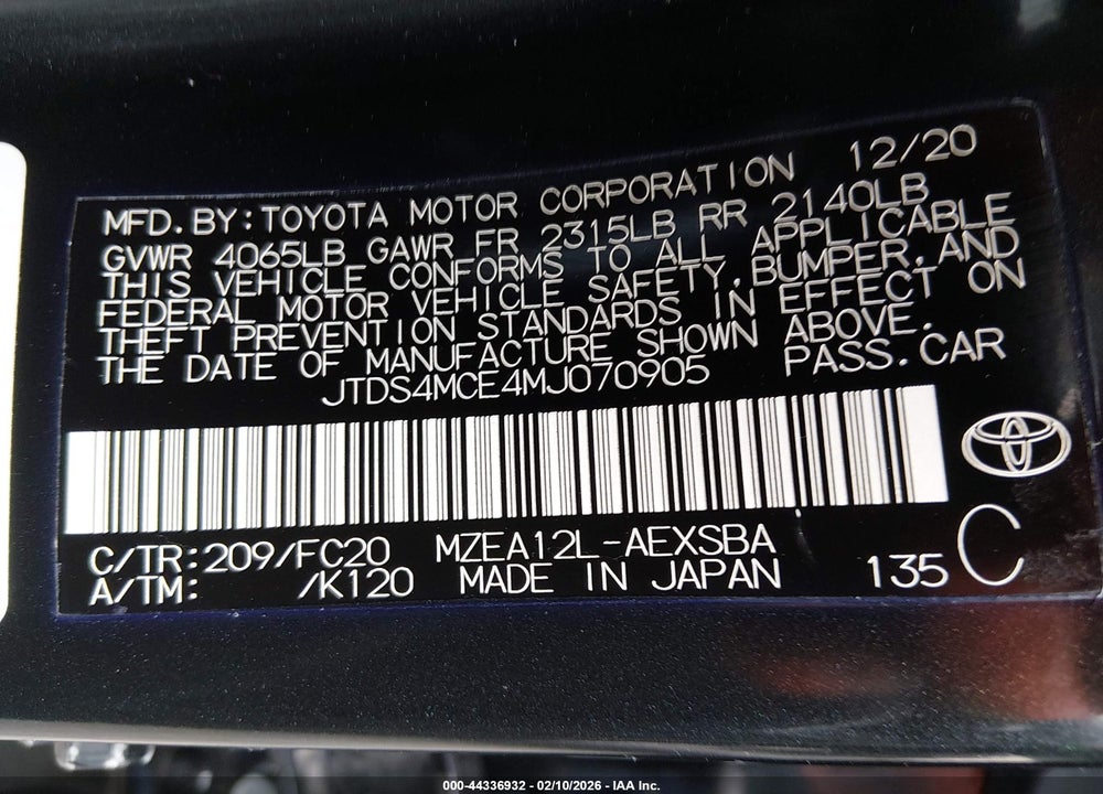 2021 TOYOTA COROLLA SE VIN: JTDS4MCE4MJ070905
