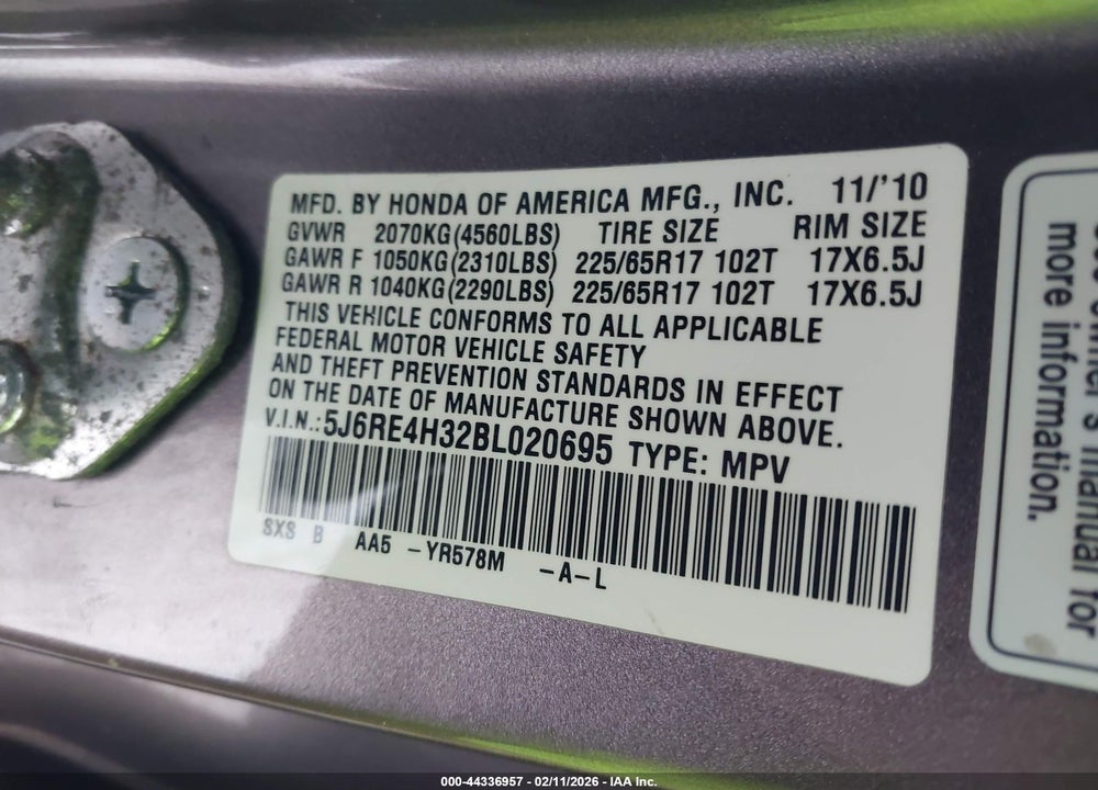 2011 HONDA CR-V LX VIN: 5J6RE4H32BL020695