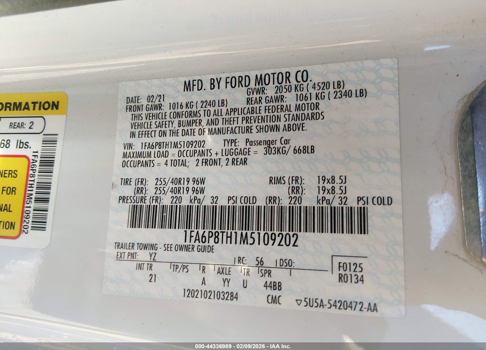 2021 FORD MUSTANG ECOBOOST FASTBACK VIN: 1FA6P8TH1M5109202