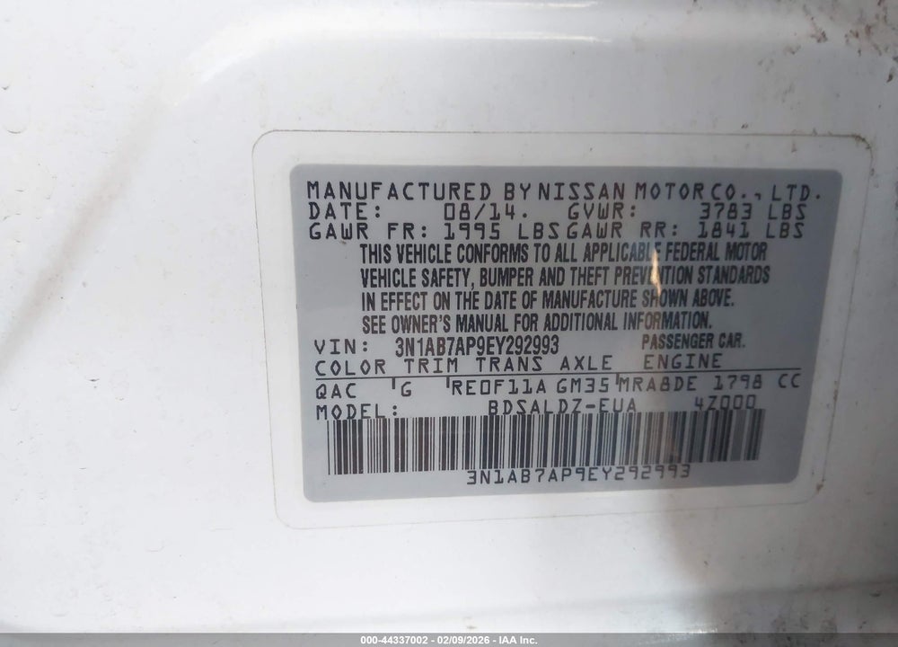 2014 NISSAN SENTRA SV VIN: 3N1AB7AP9EY292993