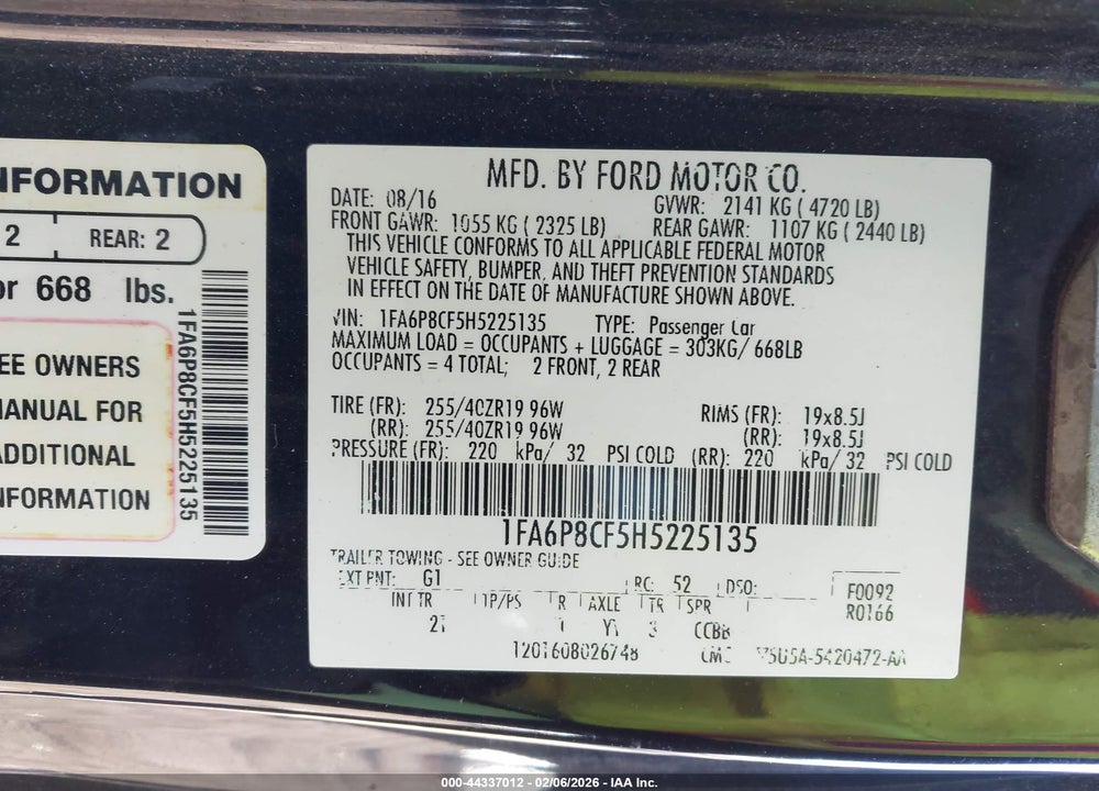 2017 FORD MUSTANG GT VIN: 1FA6P8CF5H5225135