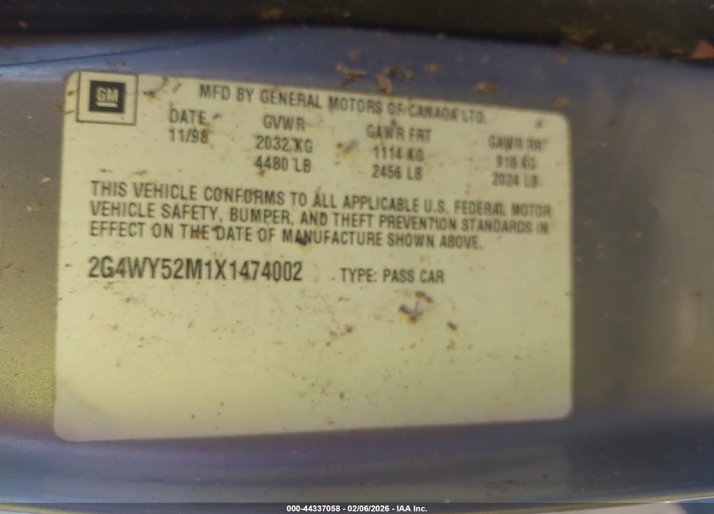 1999 BUICK CENTURY LIMITED VIN: 2G4WY52M1X1474002