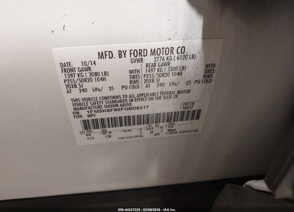 2015 FORD EXPLORER LIMITED VIN: 1FM5K8F85FGB08217
